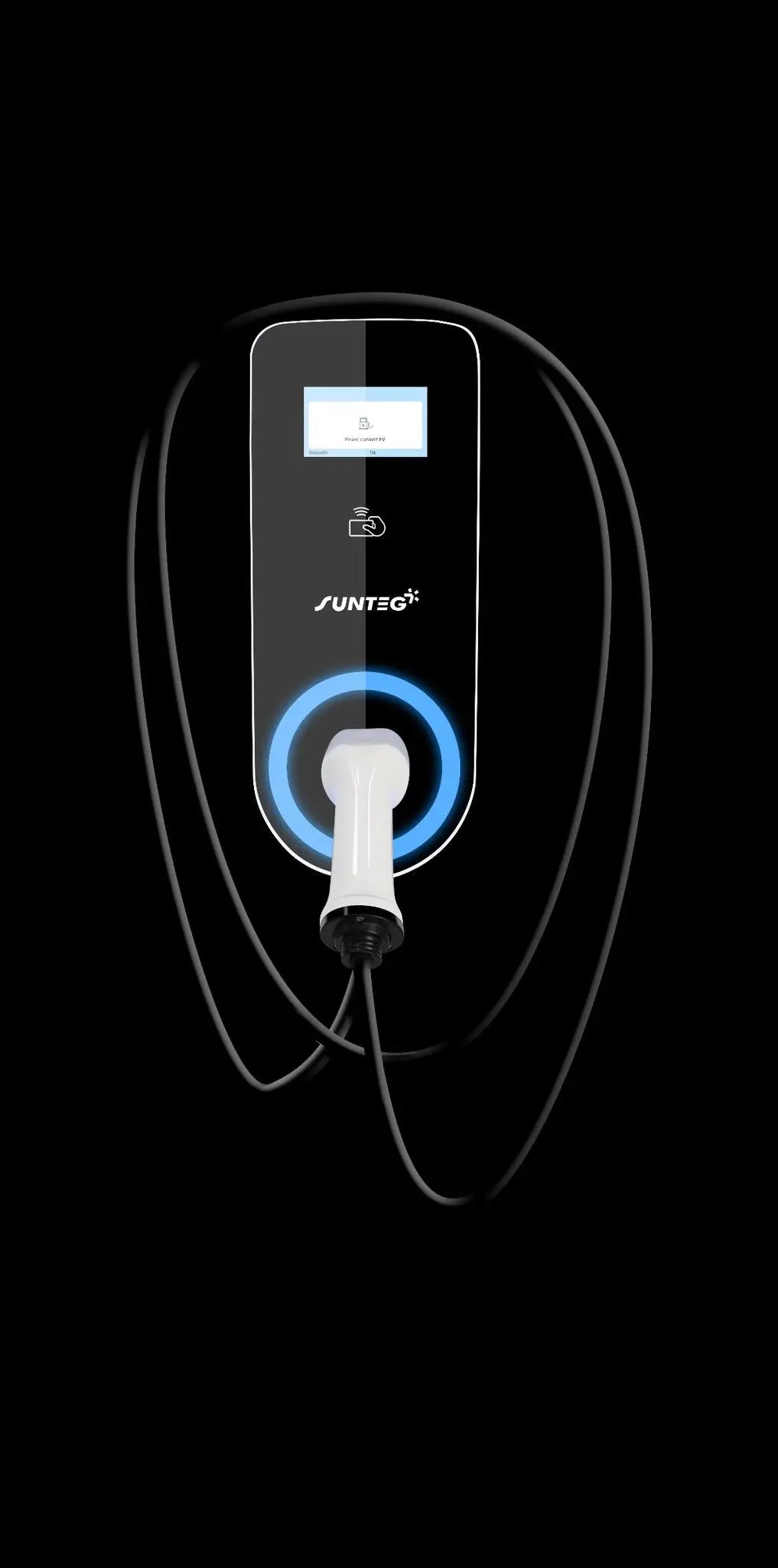 Sunteg Premium Slimme Laadstation 7kW voor elektrische voertuigen, zwart met display en oplaadkabel.