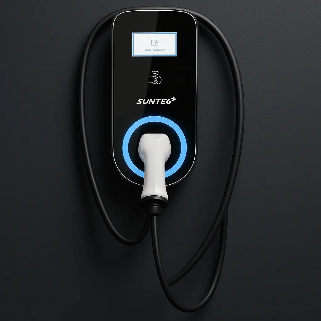 Sunteg Premium Smart Laadstation van 7kW voor elektrisch voertuig, zwart met display en oplaadkabel, slimme oplaadtechnologie