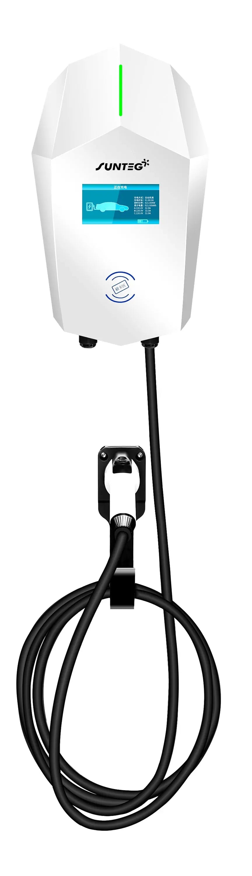 Professionele Sunteg EV-laadstation van 7kW, zwart en compact, geschikt voor snel en veilig elektrisch laden.